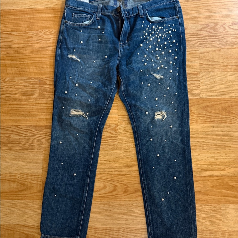Current/Elliott Men's Dark Blue Slim Straight Jeans with Pearl Studs